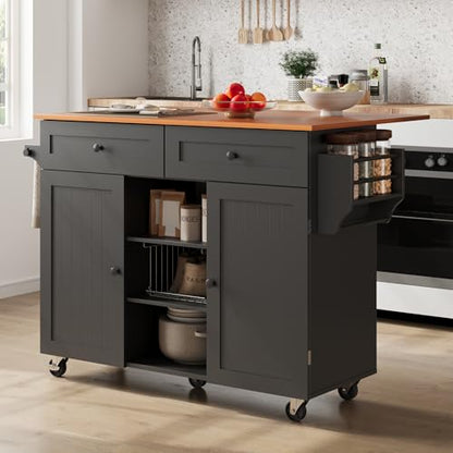 Furnify Kitchen Island with Wheels & Drawers, Kitchen Island Cart, Black | Rolling Kitchen Island with Drop Leaf, Mobile Kitchen Storage Cabinet with Towel Rack & Spice Rack for Dining Room, Kitchen
