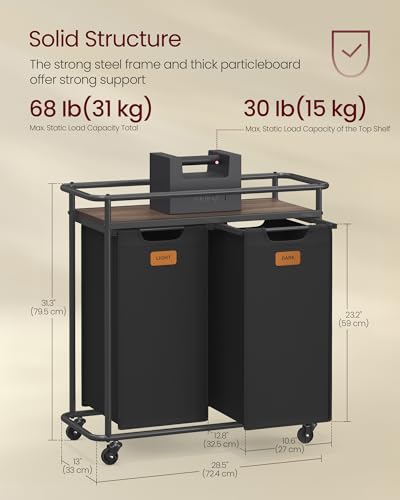 VASAGLE Laundry Sorter, Laundry Hamper with Wheels, 26.4 Gal. (100 L) Portable Rolling Cart Baskets with Shelf, 2 Removable Liners and 6 Labels, Ink Black and Chestnut Brown UBLH102BH01 - size: 2 Bags