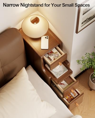 Solid Wood Narrow Nightstand with 3 Drawers,Modern Walnut,Fully Assembled | Narrow night stand,gold handles,open Shelf,skinny bedside table,slim nightstand for bedroom storage,space-saving storage - color: Walnut（15.75"d X 7.87"w X 23.62"h）