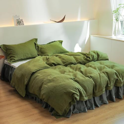 Simple&Opulence 100% Linen Duvet Cover Set with Embroidery Border Washed - 3 Pieces (1 Duvet Cover & 2 Pillow Shams) with Button Closure Soft Breathable Farmhouse - Olive, Queen Size - color: Olive, size: Queen