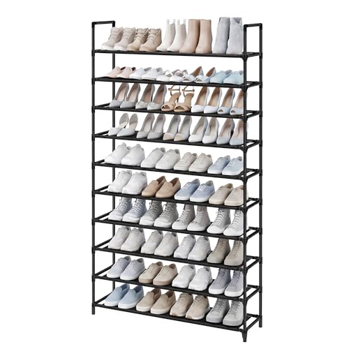 SONGMICS HOME Slim Shoe Storage Organizer, 10-Tier Metal Shoe Rack, for Hallway Closet, Non-Woven Fabric Shelves, Black - color: Black, size: 10 Tiers (11.6"D x 39.6"W)