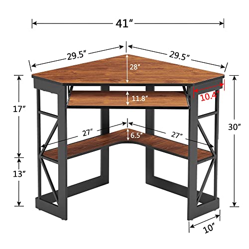 VECELO Corner Desk Computer Desk Writing Table with Smooth Keyboard Tray & Storage Shelves,Compact Home Office Triangle Table,Teak