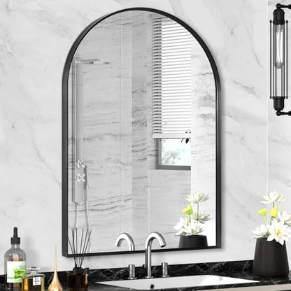 Black Arched Mirror 22x30in, Metal Framed Bathroom Vanity Wall | Tempered Glass, Shatter Proof, Living Room Bedroom Entryway, Modern Elegant Design - color: Black, size: 30"L x 22"W, style: Arched