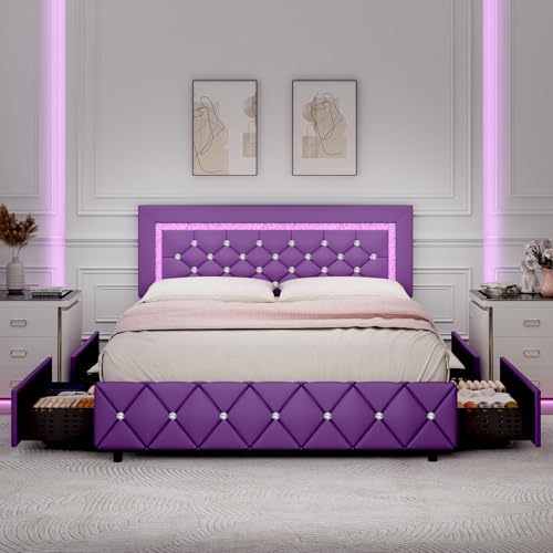 BarnFurin Full Size Bed Frame with Headboard, Faux Leather Upholstered Bed with Diamond Tufted Design, Mordern Bed Frame with Wooden Slats Suppor, No Box Spring Required, Easy Assembly, Purple - color: Purple, size: Full