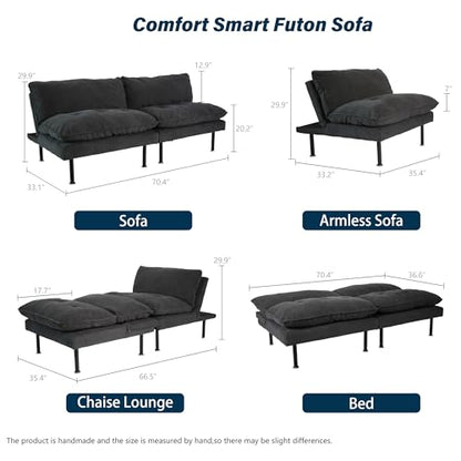 Ribilake 2 Sets 70" Futon Sofa Bed, 4 in 1 Multi-Function Couch Sleeper with Adjustable Backrest, Modern Convertible Futon, Recliner Small Loveseat for Living Room, Grey - color: Grey, size: 2 Sets
