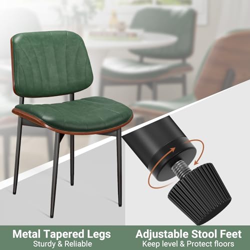 Dining Chairs Set of 2, Mid-Century Modern Upholstered PU Leather Chairs | with Walnut Bentwood Back and Metal Legs Adjustable Feet for Kitchen Dining Room, Dark Green Shell Strips - color: Dark Green Shell Strips