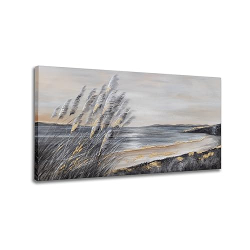 Yuaxker Ocean Wall Art Grey and Gold Ocean Art Wall Decor Canvas Painting Modern Minimalist Canvas Painting for Living Room, Bedroom, Dining Room Office Home Decor Artwork 24x48 inch - color: grey and gold, size: 24"x48"