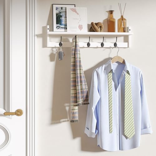 BAMEOS Wall-Mounted Wood Shelf with 5 Dual Hooks for Bathroom, Living Room, Bedroom (White-with Shelf) - style: White-28.9IN with shelf