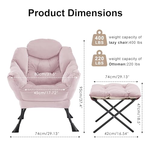 Lazy Chair with Ottoman, Modern Accent Lounge Chair with Side Pocket and Armrests, Cozy Reading Armchair with Footrest, Upholstered Sofa Chair for Small Spaces, Bedroom Living Room, Pink - color: Pink