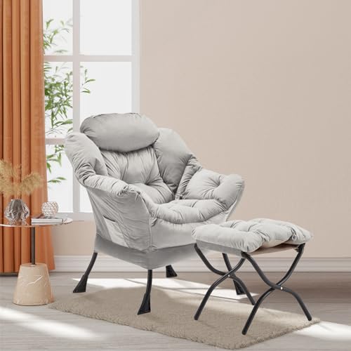 Youtanic Lazy Chair with Folding Ottoman, Accent Chair Velvet Upholstered with Metal Structure and Non-Slip Pads, Sofa Armchair with Footrest and Side Storage Bag for Dorm, Room, Office, Light Gray - color: Light Gray