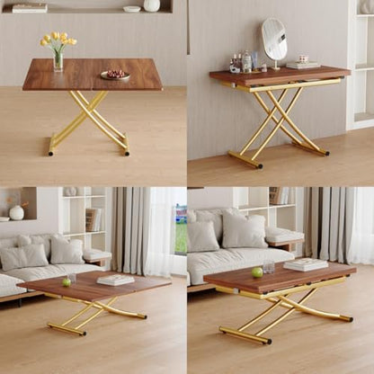 4 in 1 Adjustable Folding Dining Table for 4, Foldable Table for Small Spaces, Coffee Table that Lifts Up to Eat, Scratch-Resistant Wood Grain Top with Metal Frame for Kitchen Living Room - color: Walnut-gold