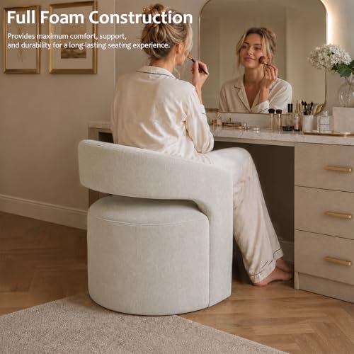Compact Barrel Arm Chair with Casters, Upholstered Accent Chair with Open Back Cutout, Plush Rounded Seat, Pedestal Base for Living Room Bedroom Vanity, Taupe - color: Taupe