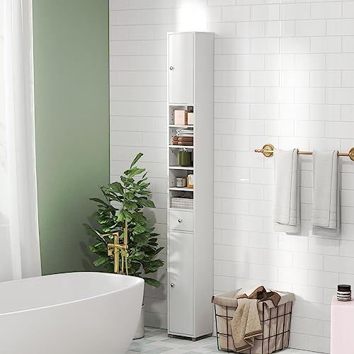 GOFLAME 71” Tall Bathroom Storage Cabinet, Narrow Freestanding Organizer with 1 Drawer, 2 Doors & 5 Open Shelves, Slim Bathroom Cabinet for Small Space, 8" x 8" x 71", White - color: White