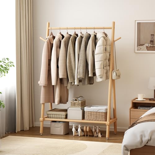 Solid Wood Clothing Rack, Rolling Clothes Rack for Hanging Clothes, Garment Rack with Shelves Load 350 Lbs, Portable Closet Organizer on Wheels for Hanging Clothes (Natural) - color: Natural