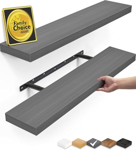 BAYKA Grey Floating Shelves 22.5in, Set of 2, Wall Mounted for Wall Deocr | Easy Install, 22lbs Max Load, Hidden Bracket, Shelving for Bathroom Bedroom Kitchen Book Room Storage, Multi-Wall Compatible - color: F. Grey - Industrial Edge Style, size: 22.5in