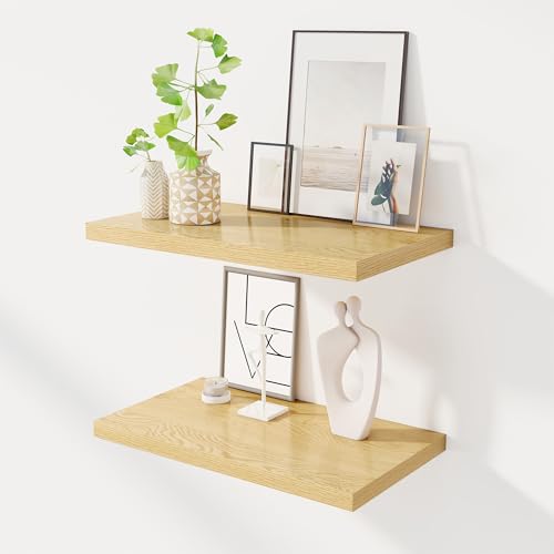 Dreamland 24" Floating Shelves for Wall, 12" Deep Slim Oak Floating Shelves, Wall-Mounted Shelves for Bedroom, Living Room, Kitchen, Bathroom - Set of 2 - color: Oak, size: 24"W x 12"D x 1.3"H, Set of 2