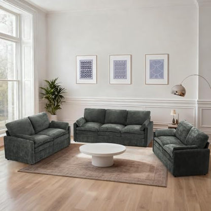 3 Pieces Chenille Sofa Set w/Two Arm Pillows, Grey | Upholstered 2 Pieces Loveseat & 3-Seater Sofa w/Soft Cushions, Modern 2-Seat & 3-Seat w/High-Density Foam for Living Room - color: Grey, size: 69" & 69" & 89" Sofa Set