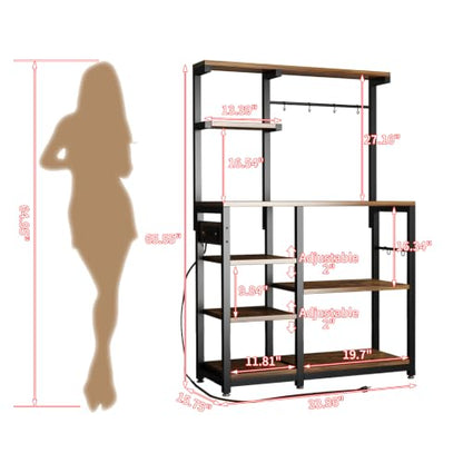 Large Bakers Rack with Power Outlet, Coffee Bar & Microwave Stand | Bakers Rack with Power Outlet, Coffee Bar Station & Microwave Cart, Metal Kitchen Storage Shelf with Wheels - color: Rustic Brown