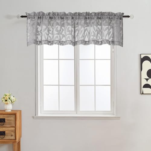 Gwine Charcoal Grey Valance for Windows, Light Filtering Kitchen Valances for Small Short Window, Voile Window Treatments Short Sheer Curtains for Bathroom Basement RV Camper, Each 42" Wx14 L, 2PCS - color: Charcoal Grey, size: 42"W x 14"L (Pack of 2)