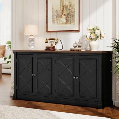 63 Inches Buffet Cabinet with Storage, Large Sideboard Cabinet with 4 Barn Doors, Adjustable Shelves, Wood Coffee Bar Station for Kitchen, Living Room, Black - color: Black