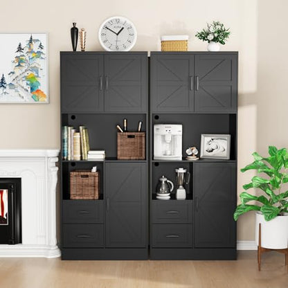 Farmhouse Kitchen Pantry Cabinet with LED Lights and Power Strip, Tall Kitchen Storage Cabinet, Kitchen Hutch with Microwave Stand & Barn Doors and Drawers for Dining Room - color: Black, style: Modern