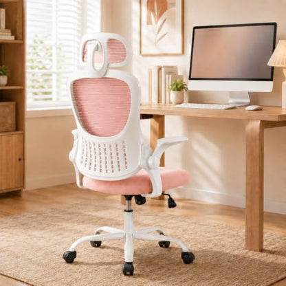 Pink Ergonomic Office Chair, High Back Mesh Desk Chair with Adjustable Headrest Lumbar Support, Computer Chairs with Flip-up Armrests and Thickened Cushion for Adults Home Office, 360° Swivel - color: Pink With Headrest