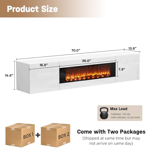 70" Wall Mounted Floating TV Stand with 36" Electric Fireplace, High Gloss Floating Entertainment Center TV Shelf for TVs Up to 80", White Fireplace Media Console Table Floating TV Cabinet Living Room - color: White, size: 70"-with fireplace