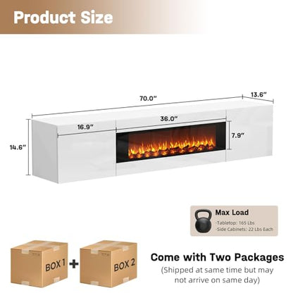 70" Wall Mounted Floating TV Stand with 36" Electric Fireplace, High Gloss Floating Entertainment Center TV Shelf for TVs Up to 80", White Fireplace Media Console Table Floating TV Cabinet Living Room - color: White, size: 70"-with fireplace