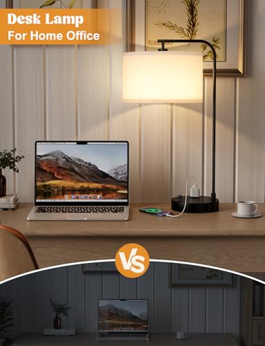 Innqoo White Side Table Lamp with USB Port and Outlet, Dimmable Nightstand Bedside Lamps with Linen Lampshade, Desk Lamp for Bedroom, Living Room, Guest Room, Home Office, LED Bulb Included - color: B-White Shade & Black Base