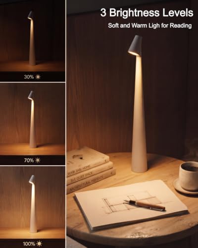 Cordless LED Table Lamp, 4000mAh Rechargeable Portable Desk Lamp, 3-Level Brightness, Bedside Night Light, Ambient Reading Light for Restaurant, Bedroom, Outdoor Camping, Night Light, White | 3-Level Brightness, Bedside Night Light, Ambient Reading Light,