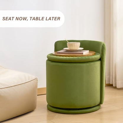 360° Swivel Makeup Chair with Storage, Upholstered Accent Stool with Back, Round Vanity Stool Ottoman for Living Room, Makeup Room, Bedroom (Green) - color: Green