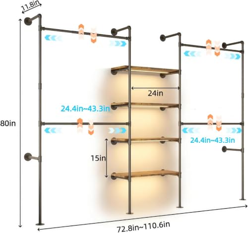 Expandable Industrial Pipe Clothing Rack with LED & Shelves | Heavy Duty Garment Rack with 4 Shelves & 4 Rods, Wall Mounted Closet Organizer for Bedroom, Laundry Room, Fits 72.8"- 110.6"
