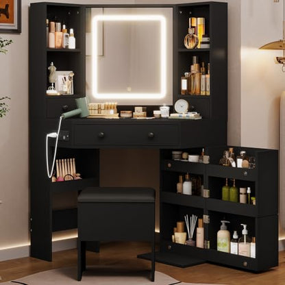 HAUOMS Vanity Desk with Mirror Lights, Storage Bench & Power Outlet, Black | Rotating Cabinet with 6 Shelves, 2 Drawers, 3 Light Settings, Touch Control Mirror, Space Saving for Women Girls - style: Modern Black
