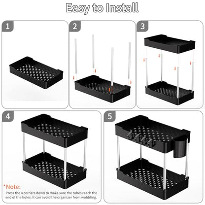 3 Pack Under Sink Organizer Bathroom and Storage Cabinet (Black) | 2 Tier with Hanging Cups for Kitchen - color: Black