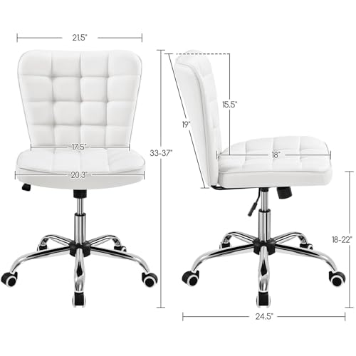 Yaheetech White Tufted Armless Office Desk Chair with Wheels, Faux Leather | Thick foam cushioned seat tilts back to relax, lifts 18-22 in, spins 360 degrees, holds 300 lb, and assembles with ease. - color: White