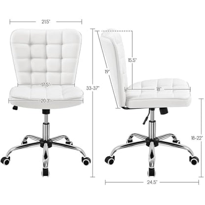 Yaheetech White Tufted Armless Office Desk Chair with Wheels, Faux Leather | Thick foam cushioned seat tilts back to relax, lifts 18-22 in, spins 360 degrees, holds 300 lb, and assembles with ease. - color: White