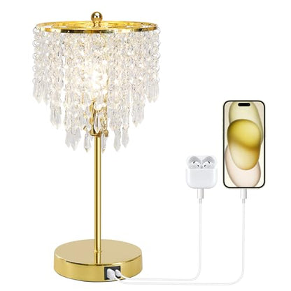 Crystal Table Lamp with USB C+A Ports, 3-Way Dimmable Touch Lamp, Gold Lamp | Bedside Lamp with Crystal Shade, Nightstand Lamp for Bedroom, Teens Room, Living Room, Dresser, B11 LED Bulb Included - color: Gold