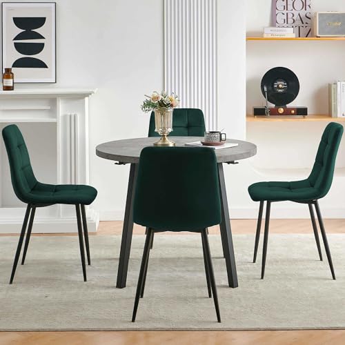 Homedot 5 PCS Dining Room Table Set, Grey Kitchen Table with Hooks for Hanging, Thick MDF Tabletop, 4 Dark Green Velvet Living Room Chairs - color: Dark Green, size: 1* Grey Round Table+4*Chair