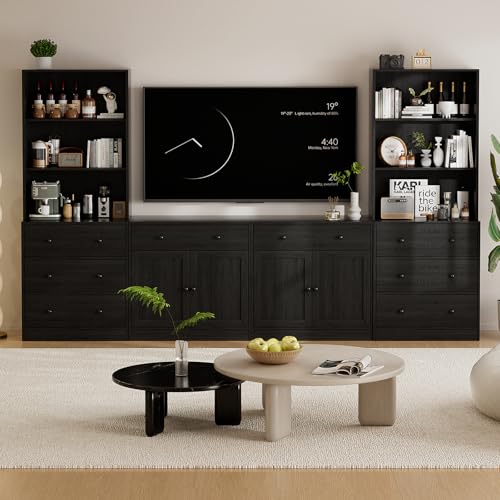TUSY 71" Large TV Stand Set - TV Entertainment Center for TVs up to 65", Media Center with Tempered Glass Doors and Drawer, TV Hutch with Bookshelves for Living Room (Black, BEEB) - color: Black