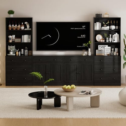 TUSY 71" Large TV Stand Set - TV Entertainment Center for TVs up to 65", Media Center with Tempered Glass Doors and Drawer, TV Hutch with Bookshelves for Living Room (Black, BEEB) - color: Black