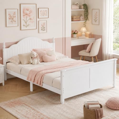 Full Size Kids Bed Frame with Removable Guardrails, Low Profile, White | 3 guardrail setups: all installed, front removed or all removed; 8 slats; 6-inch mattress sold separately; no box spring - color: White, size: Full