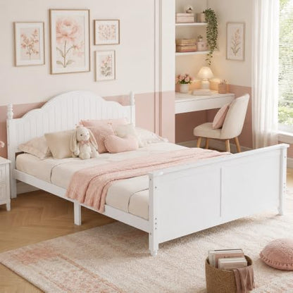 Full Size Kids Bed Frame with Removable Guardrails, Low Profile, White | 3 guardrail setups: all installed, front removed or all removed; 8 slats; 6-inch mattress sold separately; no box spring - color: White, size: Full