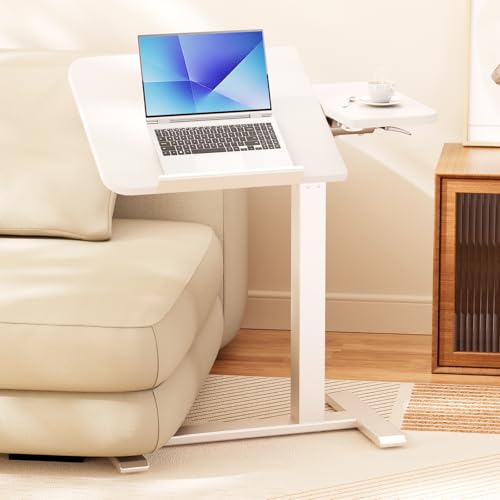 COMHOMA Tiltable Mobile Small Standing Desk, Pneumatic Adjustable Height Overbed Bedside Table with Wheels, Sit Stand Portable Rolling Laptop Desk Computer Workstations, White - color: White