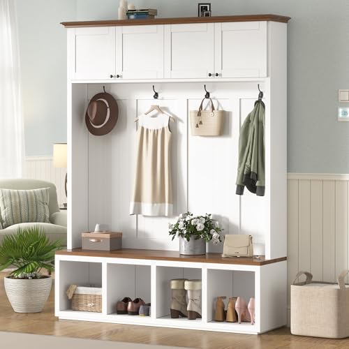 76.7''H Farmhouse Hall Tree with Storage Cabinet & Shoe Bench, White | 59'' Wide, 4 Doors, 4 Open Cubbies, 4 Coat Hooks, for Hallway Mudroom Living Room - color: White, size: 59”W x 15.7”D x 76.7”H