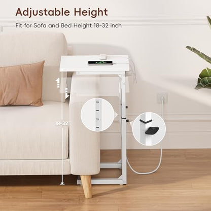C Shaped End Table with Charging Station, C Table End Table Adjustable Height Sofa Table, Side Table for Couch, Couch Table that Slide Under, TV Tray Arm Table for Living Room,Bedroom, White - color: White, style: Charging Station