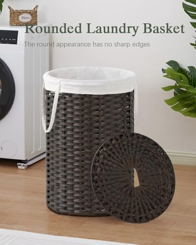 SETVSON Large Laundry Hamper Laundry Basket, Round PE Rattan, Brown | 130L Extra Large Handwoven Basket, Open Top, Removable Washable Liner Bag, 2 Mesh Laundry Bags, Side Long Handles - color: Brown, size: 130 L