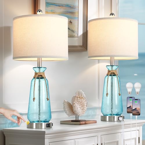 Rinweey 26" Coastal Lamps for Living Room Set of 2,3-Way Dimmable Bedside Lamps with USB Ports and AC Outlet, Nautical Lamps for Nightstand Bedroom Living Room,Teal - color: Coastal