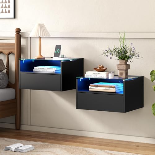 Black Floating Nightstand Set of 2 with Charging Station, 18.9" Extended Bedside End Table with Drawer and LED, Modern Wall Mounted Night Stand Side Table with Open Shelf for Bedroom