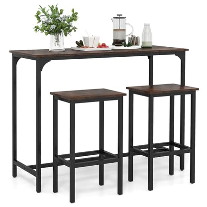 COSTWAY 3-Piece Dining Table Set, 47.5" Industrial Counter-Height Kitchen Table and 2 Bar Stools, High Top Rectangular Pub Table and Chairs for Dining Room Small Place Breakfast Nook Bistro (Coffee) | w/ 2 Bar Stools, High Top Rectangular Pub Table and Ch