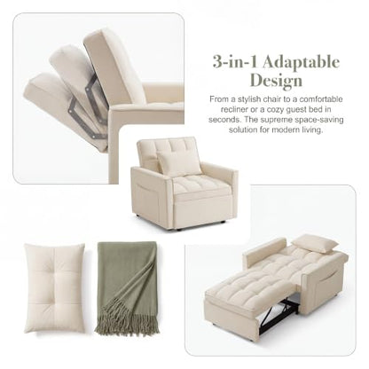 Sleeper Chair with Pull Out Bed, 3 In1 Convertible Couch Bed, White | Adjustable Backrest,Soft Cushioning,Handy Side Pocket - color: D-white-g5